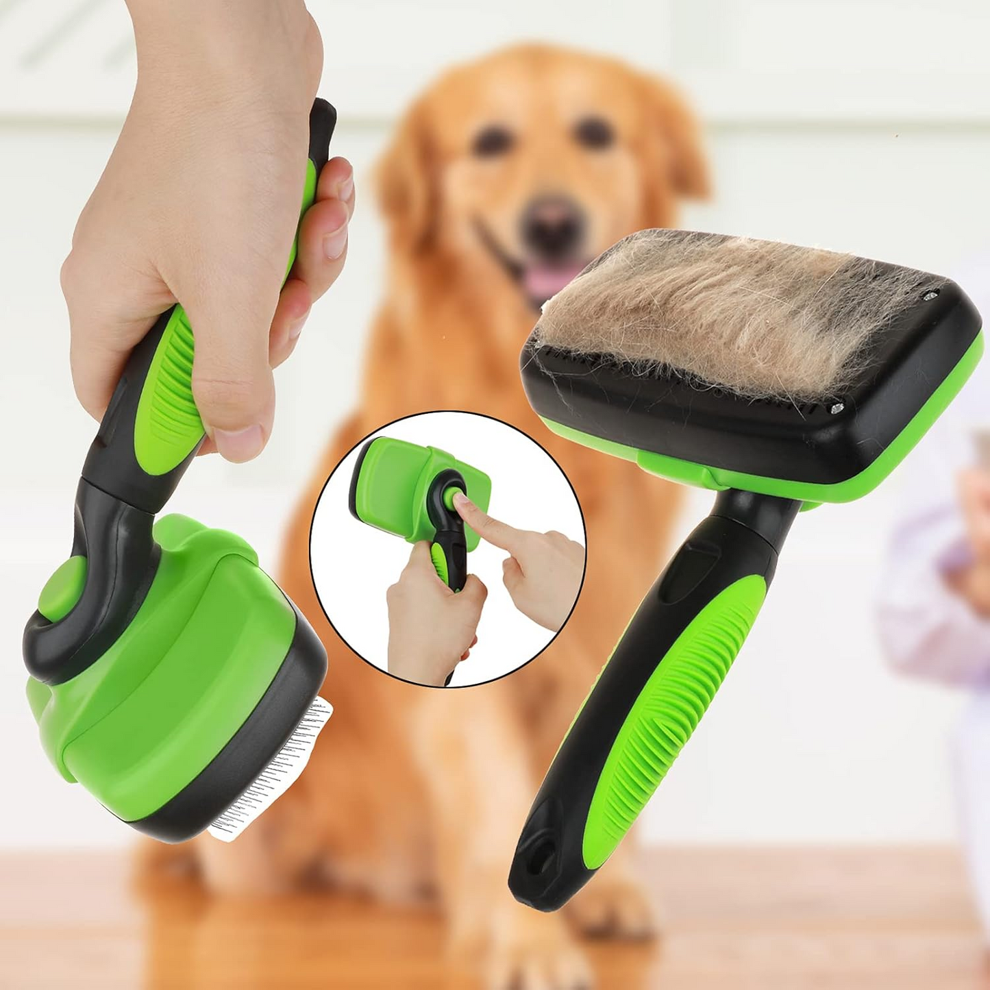 Pet Grooming Brush Self Cleaning Slicker Brushes for Dogs and Cats Long & Thick Hair Best Pet Shedding Tool for Grooming Loose Undercoat,Tangled Knots & Matted Fur (Green)