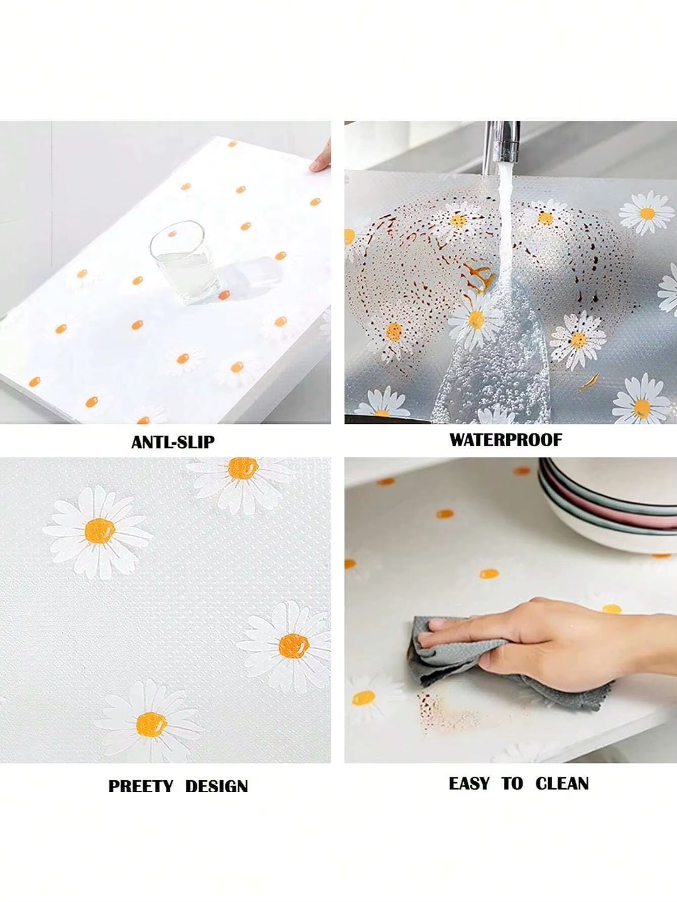 1 Roll Daisy Shelf Liner for Kitchen Cabinets EVA Waterproof Fridge Pad Cupboard Mat Easy Placemats Non-Adhesive Drawer Liner