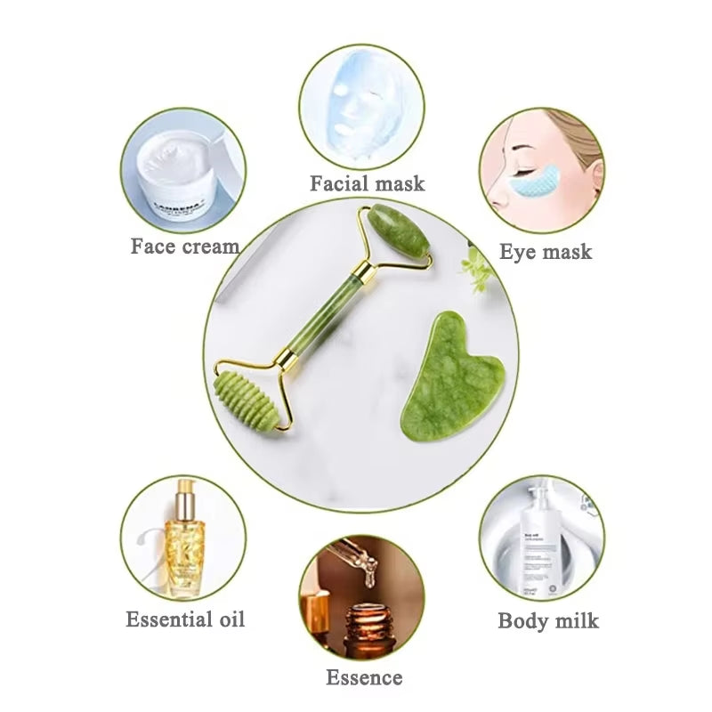 Natural Jade Roller Face Lift up Roller Gua Sha Board Gouache Stone Scraper Facial Massage Anti-Wrinkle Beauty Tools Wholesale